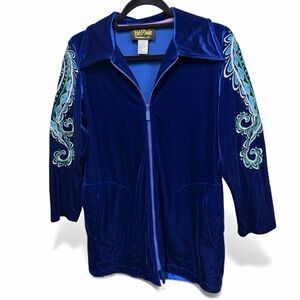 Vintage BOB MACKIE Wearable Art Blue Velour Ebroidered Track Jacket Womens Small